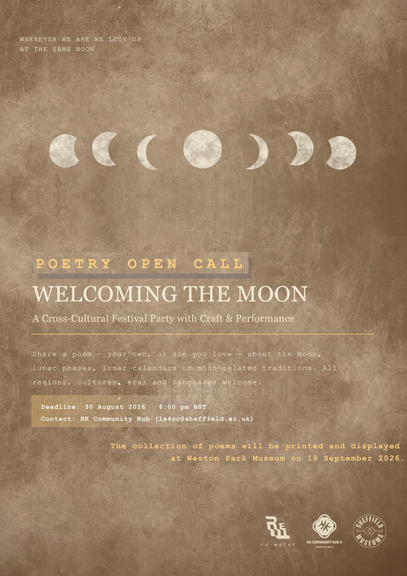 Poetry open call poster for Welcoming the Moon, deadline 30 August 2026