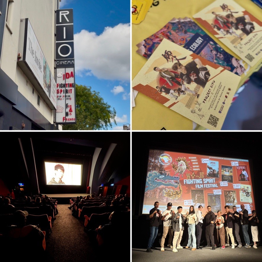Cinema signage, promotional postcards, the screening and the on-stage team at the Project Sifu 2 premiere
