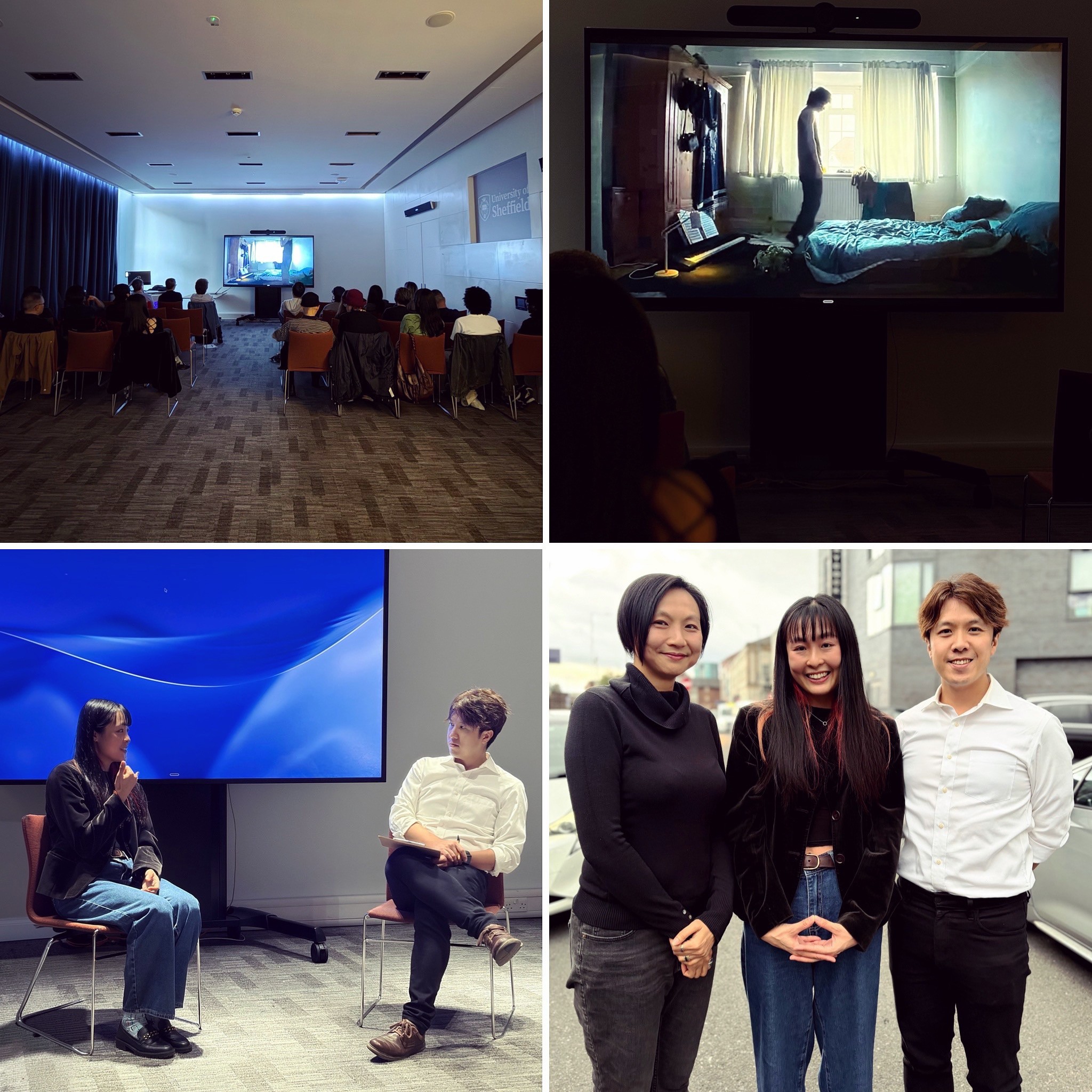 Audience, screen, Q&A and group photo from the Hub's first film screening with Carrie Shen