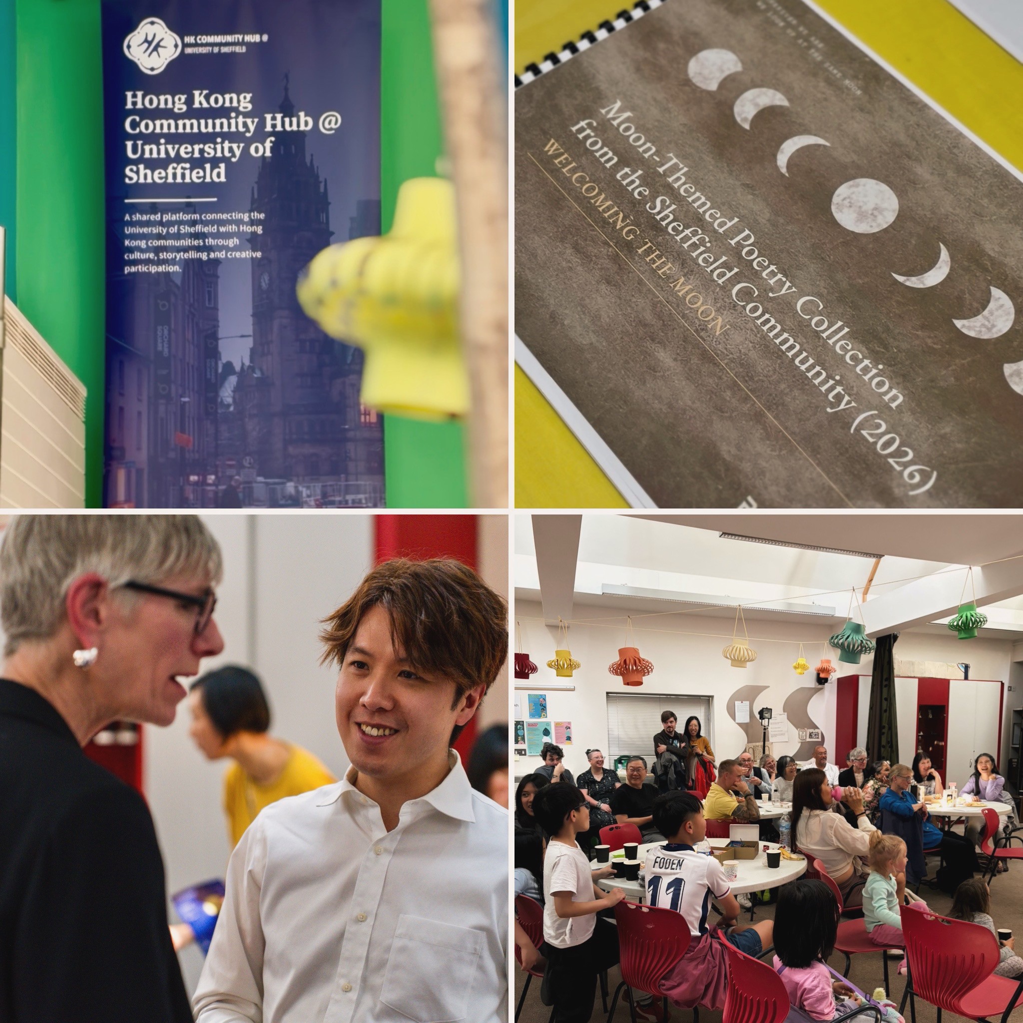 Hub banner, the printed Welcoming the Moon poetry collection, guests and lantern-decorated festival tables at Weston Park Museum